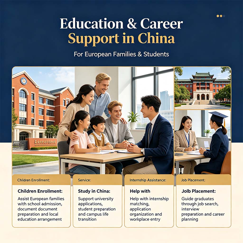 The CAXWAY platform provides services to global customers in China: Enrollment, studying abroad, internship, job hunting, etc Assistance in school enrollment and job seeking, handling of children's school enrollment matters, assistance with studying abroad in China, and assistance with job seeking after graduation.