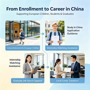 The CAXWAY platform provides services to global customers in China: Enrollment, studying abroad, internship, job hunting, etc Assistance in school enrollment and job seeking, handling of children's school enrollment matters, assistance with studying abroad in China, and assistance with job seeking after graduation.