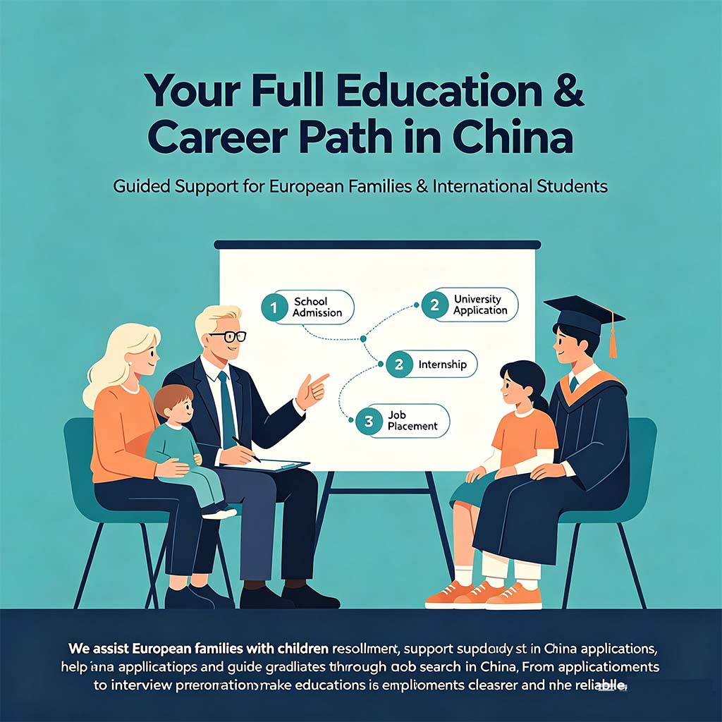 The CAXWAY platform provides services to global customers in China: Enrollment, studying abroad, internship, job hunting, etc Assistance in school enrollment and job seeking, handling of children's school enrollment matters, assistance with studying abroad in China, and assistance with job seeking after graduation.